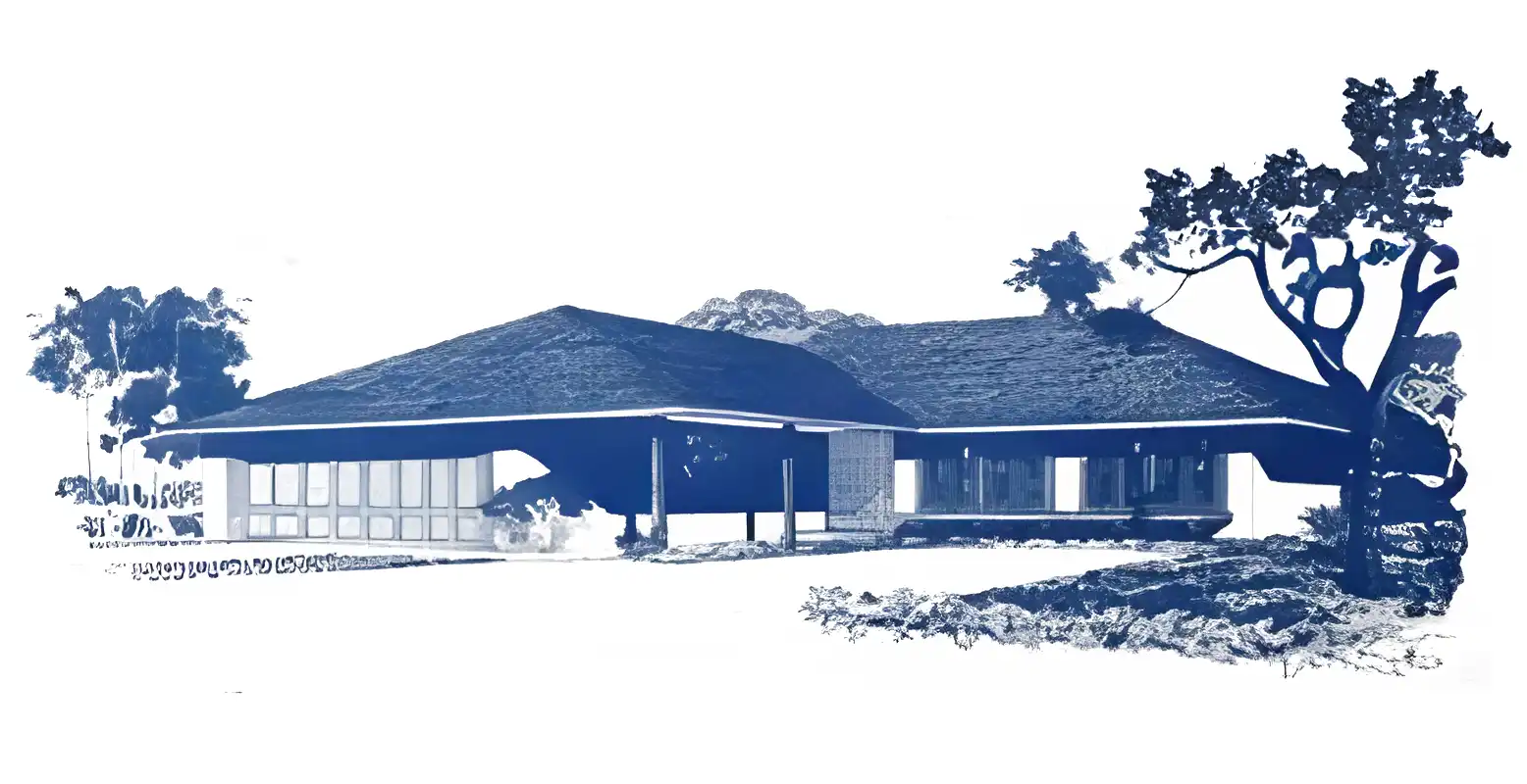 Monochrome rendering of 1960s ranch style house, variant with hip roofs.